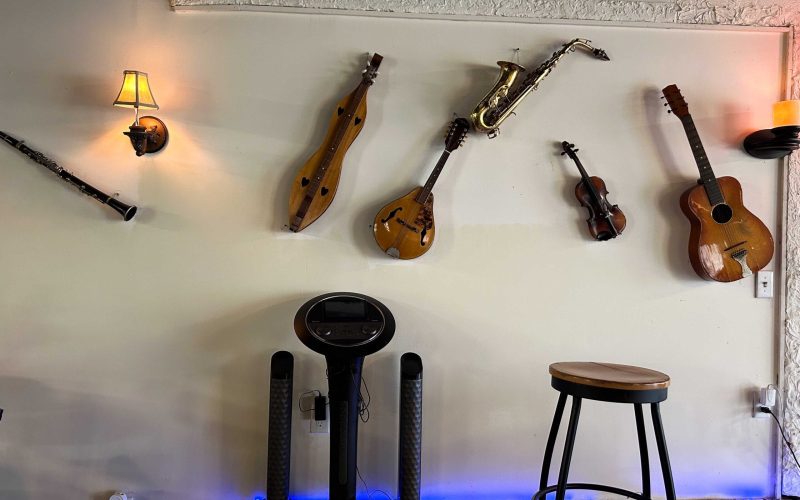 Picture of stage and instruments on wall at Donnie's Place